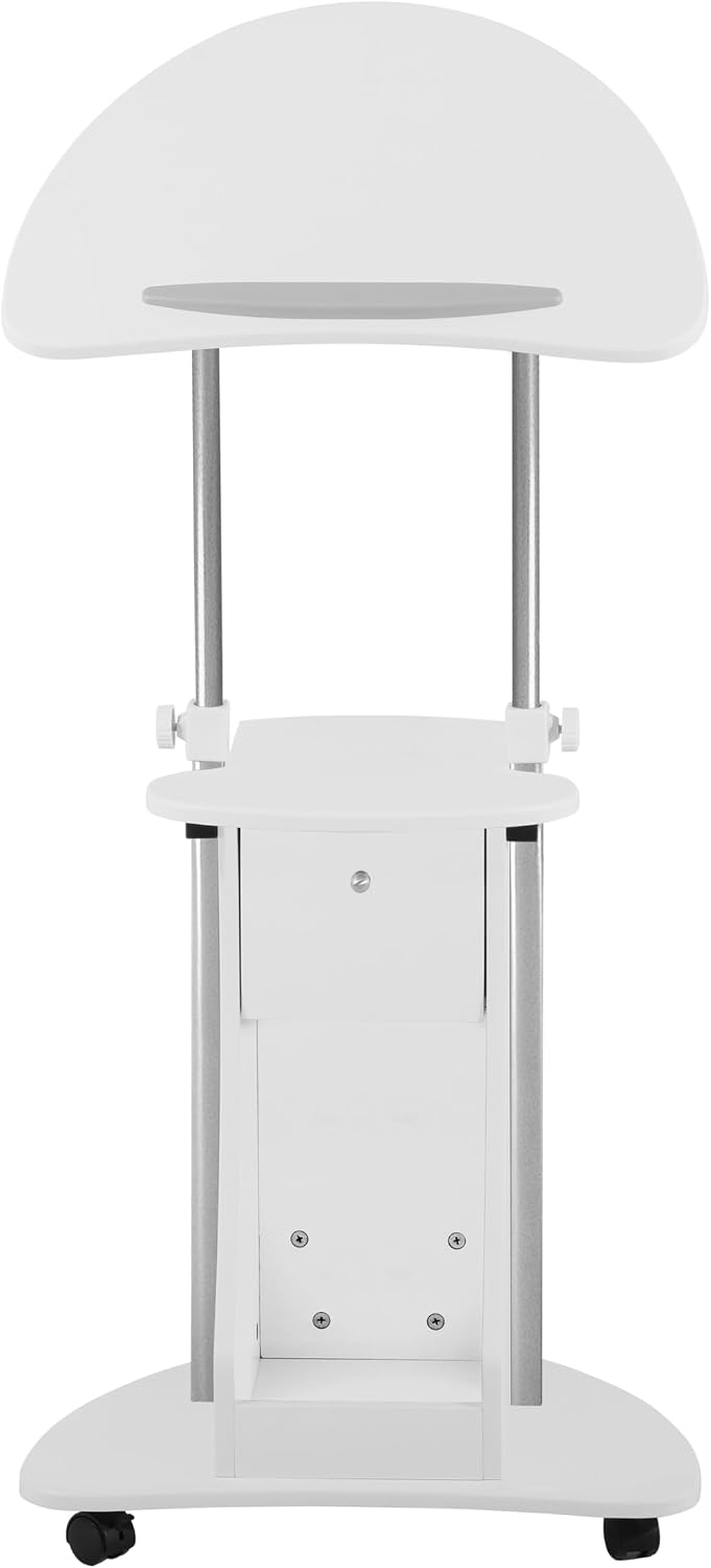 Techni Mobili Adjustable Height Rolling Laptop Cart with Storage, Graphite | Adjustable height rolling laptop cart with storage drawer, open shelf, wheels, sit‑stand design for office or medical use