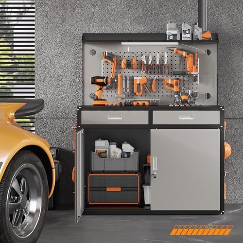 65" Heavy Duty Garage Workbench with Storage Drawers & Pegboard, 2000lbs Capacity Metal Work Bench with Lockable Magnetic Cabinets