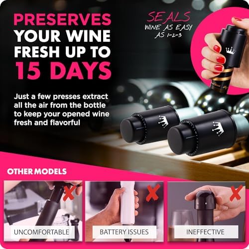VINABON Vacuum Wine Stopper Set [Pack of 2] - Updated 2026 Preserves Freshness and Flavor for 15 Days. Improved One Pump Button Design