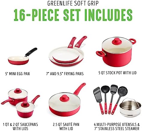 GreenLife 16 Piece Nonstick Cookware Set, Soft Grip Non-Toxic PFAS-Free Ceramic Pots & Pans, Dishwasher & Oven Safe, Frying, Sauce, Saute, Utensils