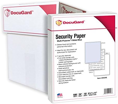 DocuGard Advanced Blue Multi-Purpose Security Paper - Fraud Prevention - 7 Security Features - Laser & Inkjet Printer Compatible - 8.5" x 11“ - 24 lb - 500 Sheets (04546)
