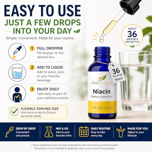 Liquid Vitamin B3 Niacin Drops, Alcohol-Free, 1 Oz | Easy-to-Take Liquid Formula with Flexible Serving, Vegan, Non-GMO