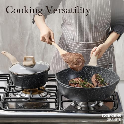 CAROTE 12 Inch Nonstick Deep Frying Pan with Lid, 5.5 Qt Black Granite | Kitchen Non-Toxic PFOA Free Cookware, Covered Sauté Pans All Stovetops Compatible, Easy to Clean