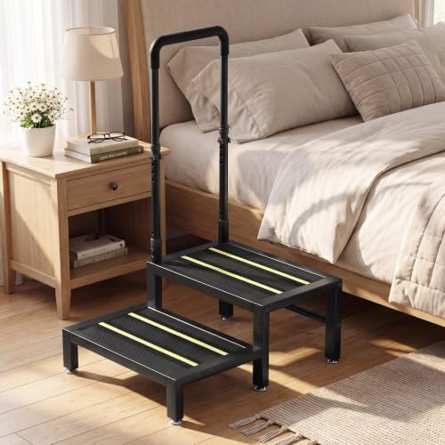 2 Step Stool with Handle, Heavy Duty Step Stool for Adults & Elderly with Non-Slip Platform, Bed Step Stool for High Beds and Home Use