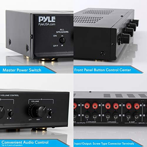 Pyle 4 Channel Speaker Selector Switch - Multi Zone A B Speaker Distribution Controller Box w/Independent Audio Source Volume Control