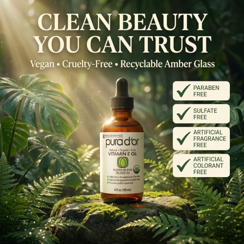 PURA D'OR Vitamin E Oil Botanical Blend, 4 fl oz | Ultra-Nourishing Hydration, USDA Certified, Jojoba, Argan, Almond, Avocado, Body Massage, Cuticles