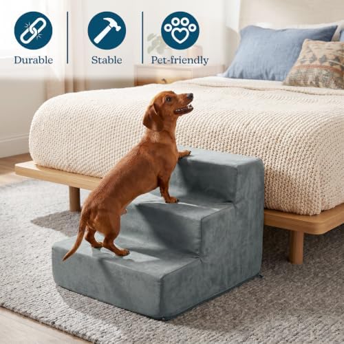 3-Step Pet Stairs - Nonslip Foam Dog and Cat Steps with Removable Zippered Microfiber Cover - 2-Tone Design for Home or Vehicle Use by PETMAKER (Tan) | 3-Step Pet Steps for High Bed and Couch - Pet Stairs with Nonslip Bottom, High-Density Foam, and Remov…