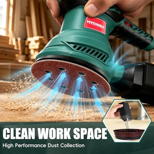 HYCHIKA 5-Inch Random Orbital Sander, 13000RPM Electric Palm Sander with 6 Variable Speeds, Powerful Motor