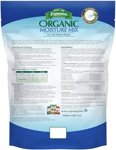 Espoma Organic Moisture Mix Potting Soil - All Natural Potting Mix for All Indoor & Outdoor Containers for Organic Gardening, 8 qt. Bag. Pack of 1