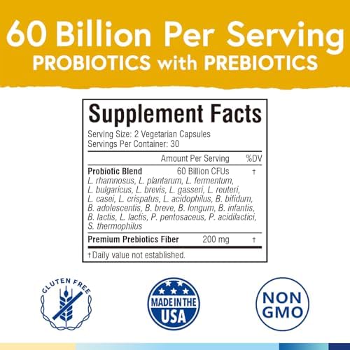 Terranics Probiotics 60 Billion CFU, 20 Strains, 60 Veg Capsules, Prebiotics & Probiotics, Shelf Stable Probiotic Supplement for Men & Women, Non-GMO