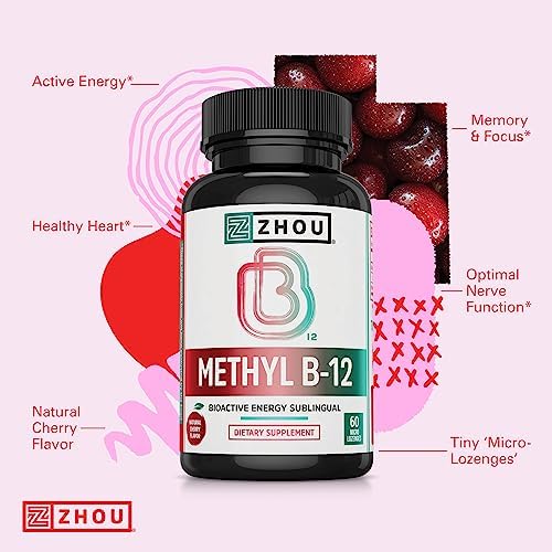 Zhou Methyl B12 - Vitamin B12 5000 mcg, Vegan Friendly - 60 Micro Lozenges | Methyl B-12 Supplement for Women & Men