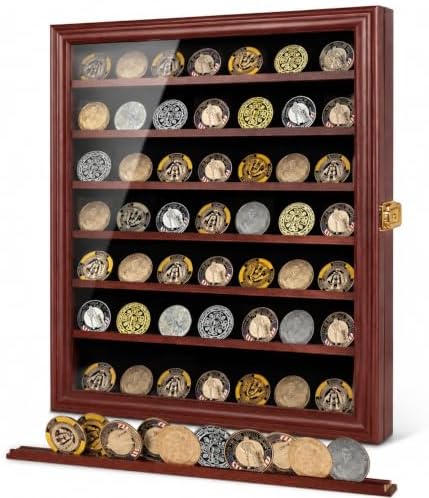 Jinchuan Military Challenge Coin Display Case Lockable Cabinet Rack Holder Shadow Box with Removable 2 Grooves Shelves and Anti Dust Door for Casino