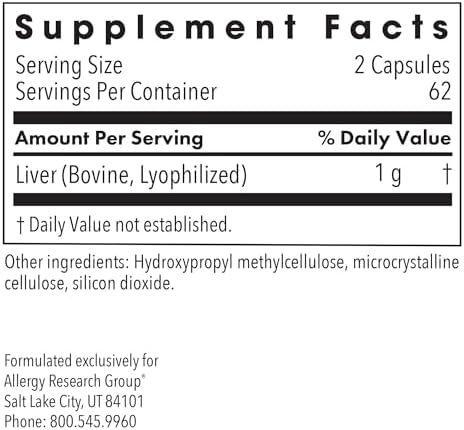 Allergy Research Group ARG Liver Beef Natural Glandular - 1000 mg Bovine Liver - Supports Liver Function - Hypoallergenic Formula - 62 Servings