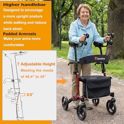Aliseniors Upright Walker for Seniors - Big Stand Up Walker with Wide Seat, Foldable 4 Wheel All-Terrain Rolling Walker, Adjustable Armrests, 300lbs, Improves Posture & Reduces Back Strain | 20.6" Wide Seat, Foldable Rollator, 8" All-Terrain Wheels, Adju…