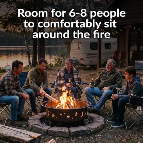 Sunnydaze Cosmic 42" Large Outdoor Fire Pit, Wood Burning, 34" Bowl Dia | Bronze, Heavy Duty Steel Metal, Includes Spark Screen, Wood Grate, & Poker, Round Backyard Firepit for Outside, Patio, Deck