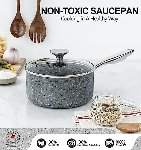 MICHELANGELO 2 Quart Saucepan with Lid, Nonstick Sauce Pan with Healthy Coating, Granite Sauce Pan with Stainless Steel Handle