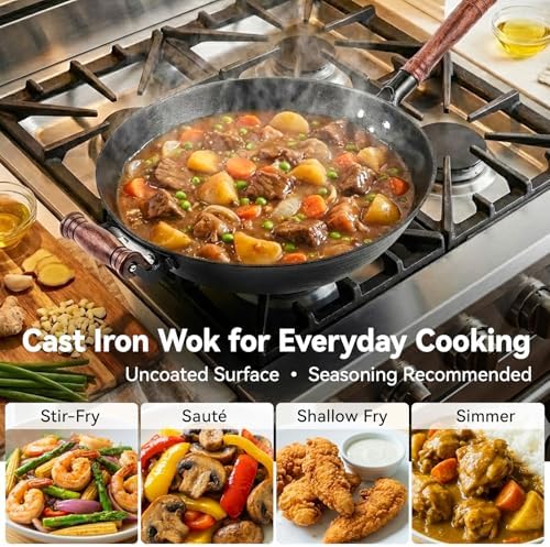 WANGYUANJI 12.6 Inch Cast Iron Wok with Wooden Lid, Handcrafted Flat Bottom Chinese Stir Fry Pan, Uncoated Heavy-Duty Iron Wok for Induction, Gas