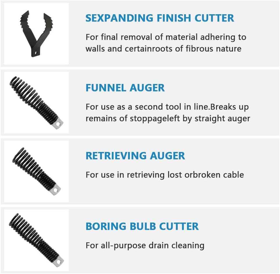 8-Piece Drain-Snake Drill Attachments for 1-4" Pipes, Cutter and Auger Set Compatible with 50FT-100FT Electric Drain-Snake Cable