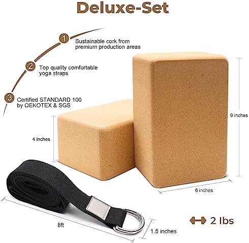 Cork Yoga Blocks 2 Pack Set -Natural Cork from Portugal, 9"x6"x4" Yoga Blocks Non-Slip&Anti-Tilt for Women| Men, Lightweight