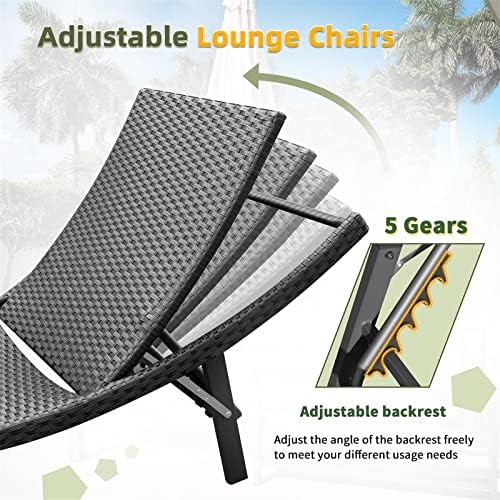GUNJI Lounge Chairs for Outside 3 Pieces Patio Adjustable Chaise Lounge Outdoor Wicker Lounge Chairs Set of 2 with Table Folding Chaise Lounger for