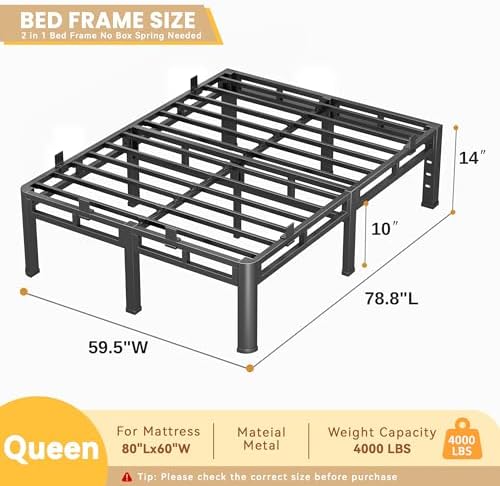 Full Size Bed Frame Metal,14 Inch Heavy Duty Double Layer Platform Black | Easy Assembly,Noise Free,4000lbs Capacity,6 Mattress Stoppers,Round Corner Legs,Headboard Holes,Anti-Slip Rubber Foot Pads