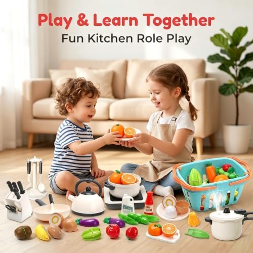 CUTE STONE Pretend Play Kitchen Toy with Cookware Steam Pressure Pot and Electronic Induction Cooktop, Cooking Utensils, Toy Cutlery, Cut Play Food