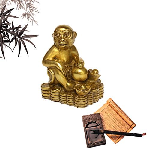 Brass Zodiac Monkey Statue, Chinese Feng Shui Decor for Wealth Luck | Golden Money Monkey Figurine, Home Desk Office Decor, Career & Wealth Decor