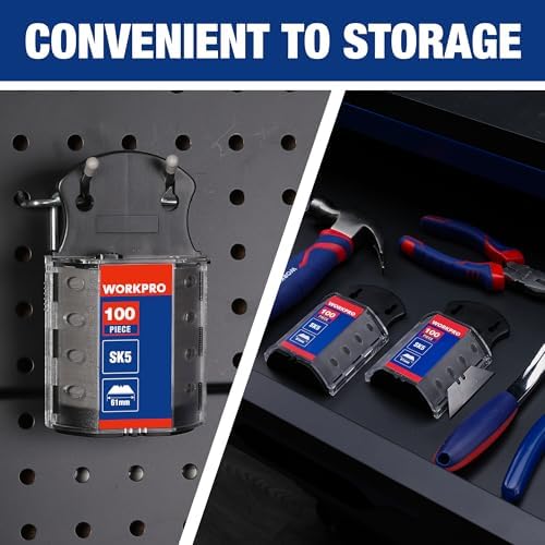 WORKPRO Utility Knife Blades, 100-Pack SK5 Steel Blades with Dispenser | Premium Steel Standard Blades for Box Cutter, Ideal for Cardboard, Leather, Carpet, Rope, Soft Metal, Pipe, etc