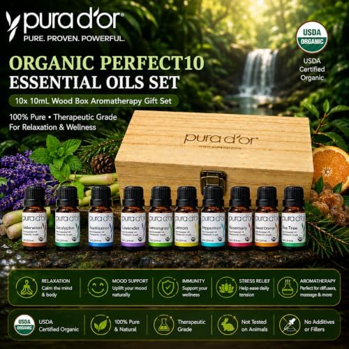 PURA D'OR Organic Perfect10 Essential Oils Aromatherapy Box Set, 10mL x10
