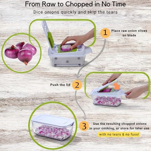 Brieftons QuickPush Manual Vegetable Chopper: 8-Cup Push-Down Onion Dicer & Food Chopper, 3 German Steel Blades