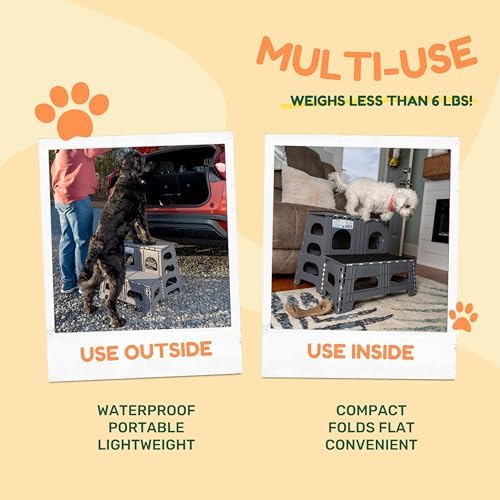 Foldable Dog Stairs, Collapsible Pet Step Ladder, Supports 300lbs | 2-Step Folding Dog Stairs & Ramp, Carpeted Design