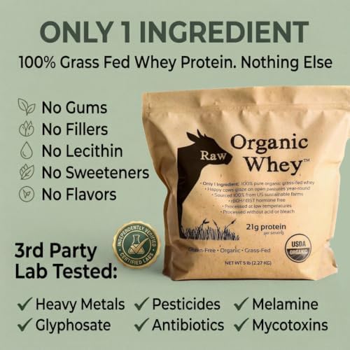 Raw Organic Whey Protein Powder, Grass Fed, Unflavored – 1 Ingredient, No Additives or Fillers, Undenatured, Made in USA, 5 lb