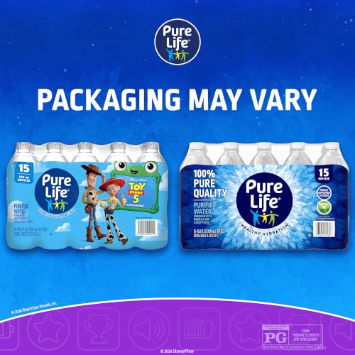 Pure Life Purified Bottled Water, 15 Pack - Still Drinking Water Enhanced with Minerals for a Crisp Taste - 16.9 Fl Oz - Toy Story 5 Packaging Graphics