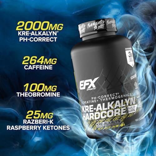 EFX Sports Kre-Alkalyn Hardcore | Thermogenic pH Correct Creatine Monohydrate Pill Supplement | Energy & Strength Pre Workout | 40 Servings, 120 Capsules