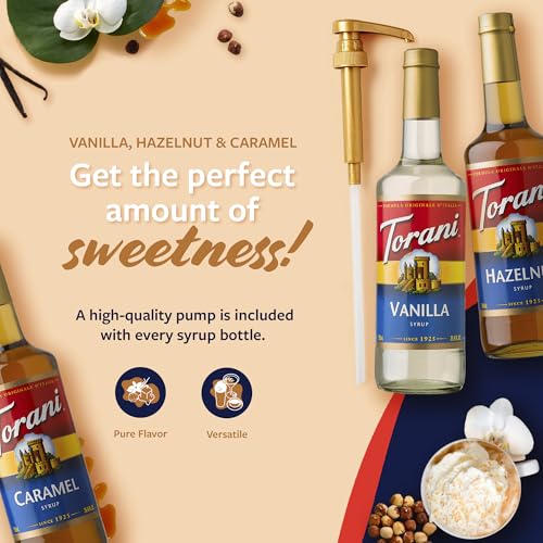 Torani Coffee Syrup, Vanilla, Caramel, and Hazelnut Variety 3-Pack, Flavoring for Drinks, Pumps Included, 25.4 Fl Oz Ea