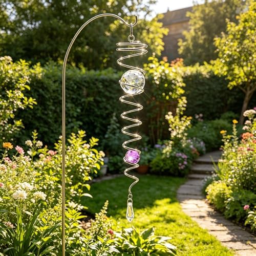Gazing Ball Spiral Tail Wind Spinner Stabilizer，Stress Ball Indoor Outdoor Decoration Stainless Steel Glass Ball with Hanging Swivel Hook 13"