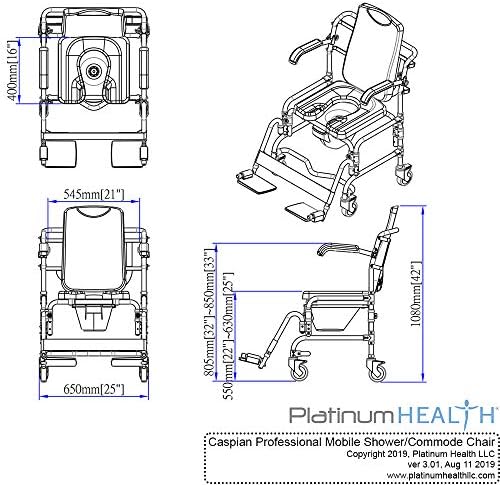 Platinum Health Caspian Professional Mobile Shower/Commode Chair-Padded, Aluminum