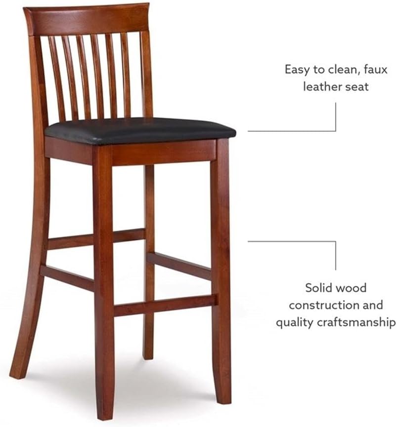 Riverbay Furniture 25" Mission Back Bar Stool, Rubberwood & Faux Leather, Dark Cherry/Black Finish, Counter Height Dining Seat with Padded Easy-Clean Upholstery, 37" H for Kitchen or Home Bar Use