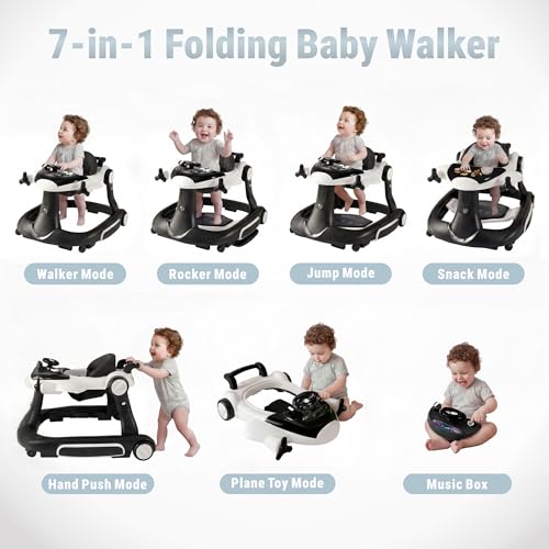 7 in 1 Foldable Baby Walker, Rock/Push Mode/Activity Center, Green | Adjustable Height & Speed, Music, Lights, Footrest, Detachable Play Toy Panel, Walker with Wheels for Infants 7-18 Months