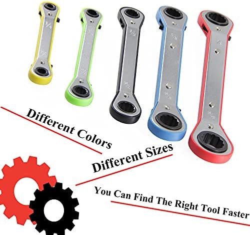 MacWork 5-Piece Offset Ratcheting Wrench Set ，Five Colors Reversible Universal Ratchet Double Ring Spanners
