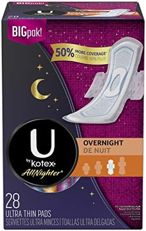 U by Kotex AllNighter Ultra Thin Overnight Pads with Wings, Unscented, 28 Count