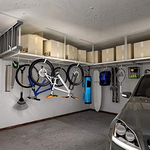 FLEXIMOUNTS 4x8 Overhead Garage Storage Rack with Hooks, Black