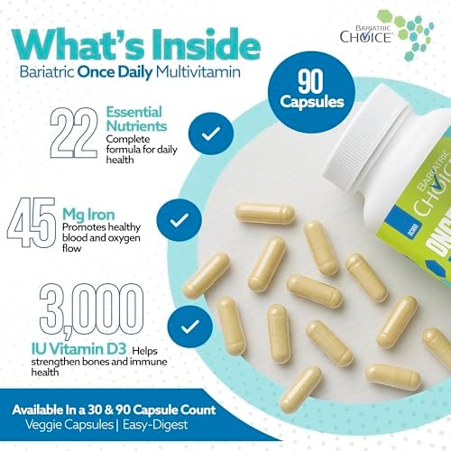 Bariatric Choice Once Daily Bariatric Multivitamin with Iron 45mg, 1 Month | 1-Mo Supply, Once Daily Easy-to-Swallow Capsule for Gastric Bypass & Sleeve Patients – High Potency Vitamins A, D, B12, More