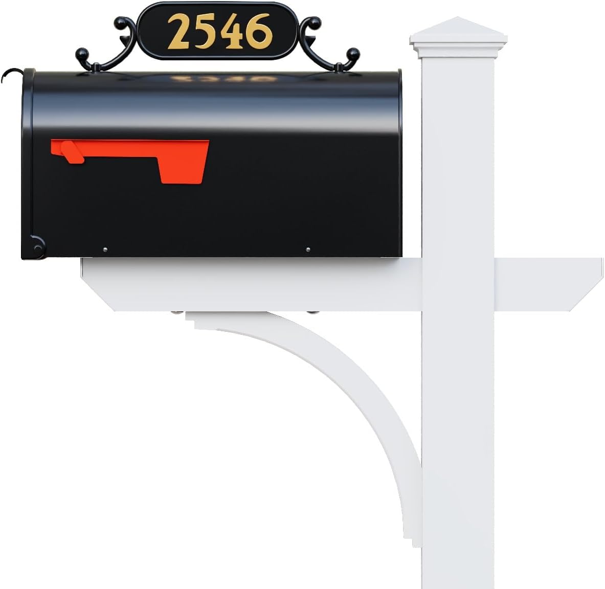 Argonne White Post & Black Mailbox (Large) | Personal curbside mailbox system features a large black aluminum mailbox, sturdy white square post, and custom house numbers.