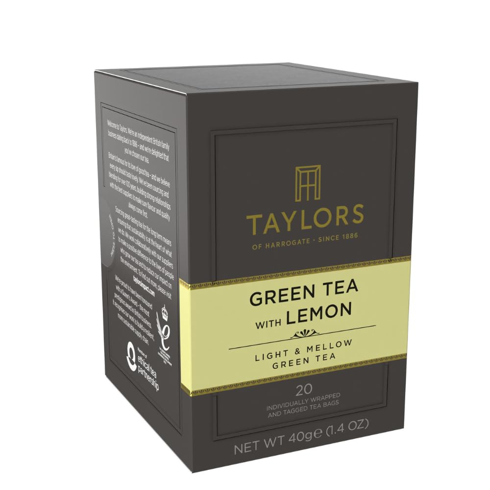 Taylors of Harrogate Green Tea with Lemon, Individually Wrapped Bags, 20 Count (Pack of 1), Citrussy, Mellow and Light, Caffeinated, Enjoy Hot or Iced, 20 Teabags