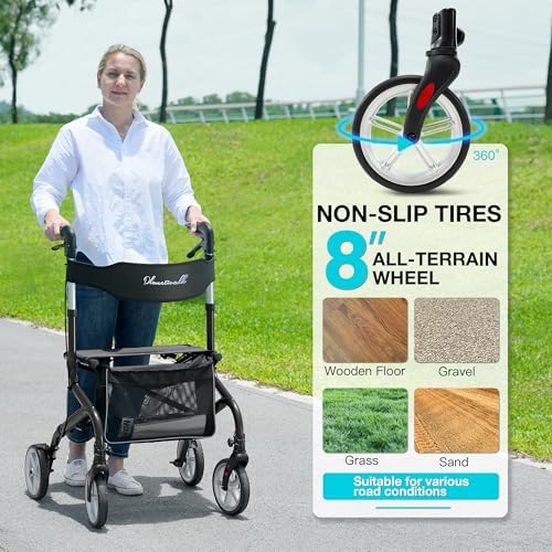 PLANET WALK Super Lightweight Rollator Walker for Seniors, Foldable Rolling Walker with Seat and 8" Rubber Wheels for All Terrain, Unique Design Aluminium Frame Sturdy Walkers for Traveling - Blue