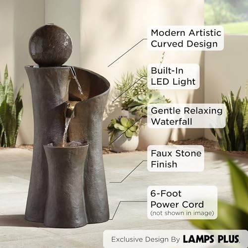 Modern Sphere Curve Cascading 39 1/2" Large LED Outdoor Indoor Fountain | Zen Decor Faux Stone Floor with Light Waterfall Water Feature for Outside
