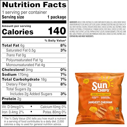 SunChips 100% Whole Grain Chips, Harvest Cheddar, 1 oz Bags, Pack of 104, No Artificial Flavors, No Colors from Artificial Sources