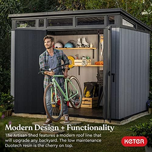 Keter Artisan 9x7 Foot Large Outdoor Shed with Floor with Modern Design for Patio Furniture, Lawn Mower, Tools, and Bike Storage, feet, Grey/Black