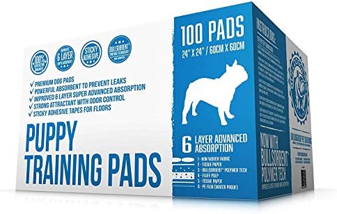 Bulldogology Puppy Training Pads - Pee Pads with Adhesive Sticky Tape (24x24) Large Dog Training Wee Pads with 6 Layer Extra Quick Dry Bullsorbent Polymer Tech (100-Count, White)
